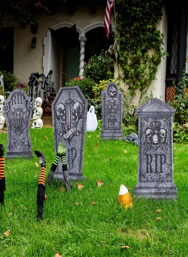 Sinranac 4 Pcs 16.2" Halloween Tombstones Decoration with 2 Green Fairy Lights(3 Modes) & 4 Blue Lights(3 Modes), Plastic RIP Grave Yard Signs with 8 Stakes for Grave, Outdoor Garden, Party Decor - Image 5