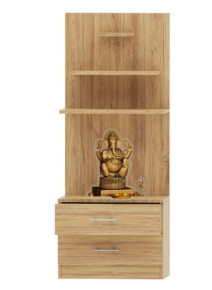 Mahmayi Modern Wooden Mandir, Temple with 2 Drawers for Storage Pooja Essentials and 3 Shelves for God Statue Sturdy Steel Legs Ideal for Home, Office, Temple - Brown Kansas Oak - Image 1