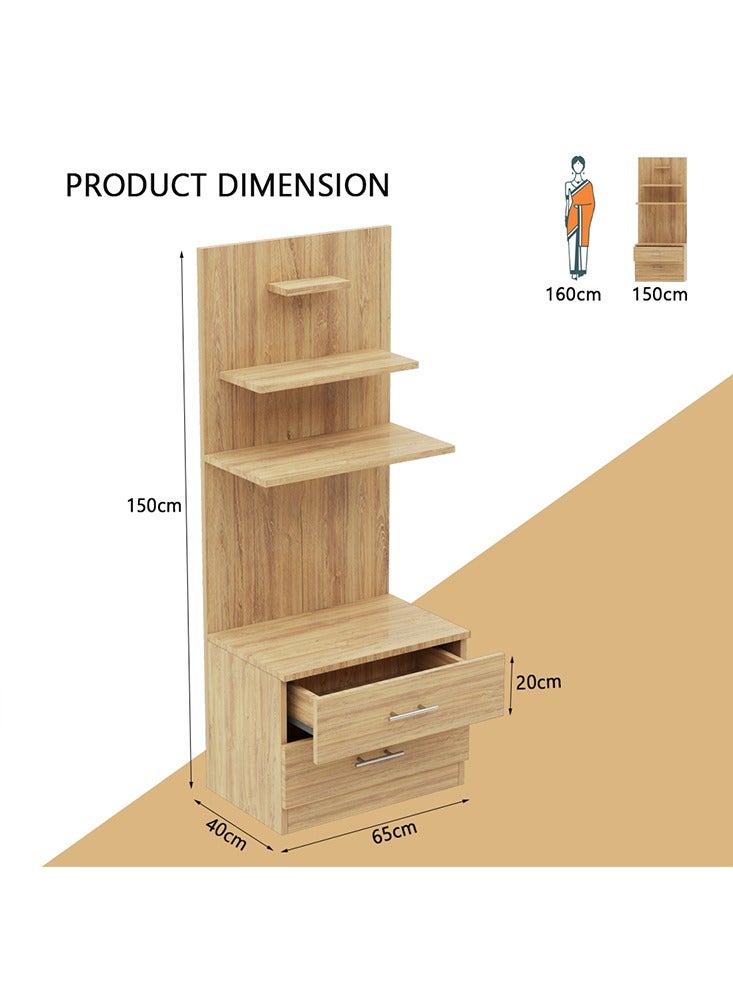 Mahmayi Modern Wooden Mandir, Temple with 2 Drawers for Storage Pooja Essentials and 3 Shelves for God Statue Sturdy Steel Legs Ideal for Home, Office, Temple - Brown Kansas Oak - Image 2