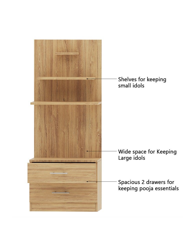 Mahmayi Modern Wooden Mandir, Temple with 2 Drawers for Storage Pooja Essentials and 3 Shelves for God Statue Sturdy Steel Legs Ideal for Home, Office, Temple - Brown Kansas Oak - Image 3