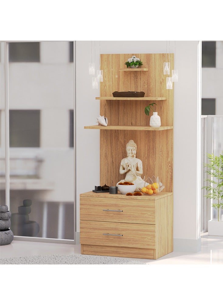Mahmayi Modern Wooden Mandir, Temple with 2 Drawers for Storage Pooja Essentials and 3 Shelves for God Statue Sturdy Steel Legs Ideal for Home, Office, Temple - Brown Kansas Oak - Image 4