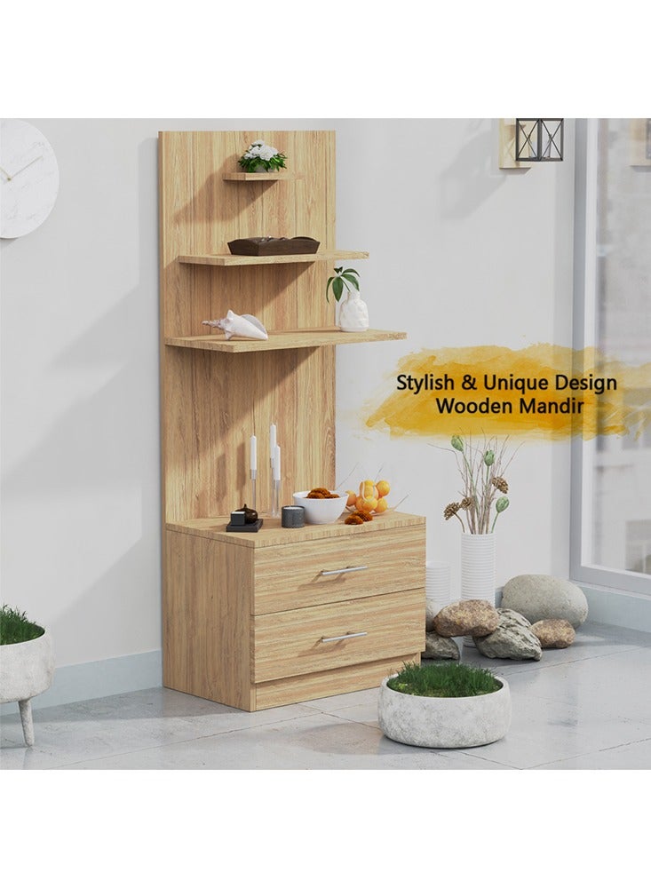 Mahmayi Modern Wooden Mandir, Temple with 2 Drawers for Storage Pooja Essentials and 3 Shelves for God Statue Sturdy Steel Legs Ideal for Home, Office, Temple - Brown Kansas Oak - Image 5