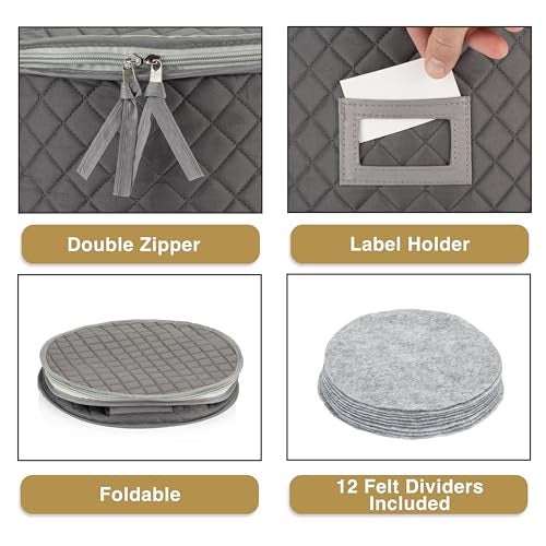 StackStorePlusMore Stack Store Plus More China Storage Quilted Case for Dessert Plate, Bowls, Small Plate or Saucer - 8" W x 6" H - Gray - Includes 12 Felt Separators - Image 3