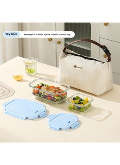 Long Glass Fresh-keeping Bowl Microwave Heatable Glass Bowl For Office Students With Meal Separated Lunch Box Lunch Box-Specifications:Rectangular Non-divided 900ml + Square 310ml + Thermal Bag - Sky Blue
