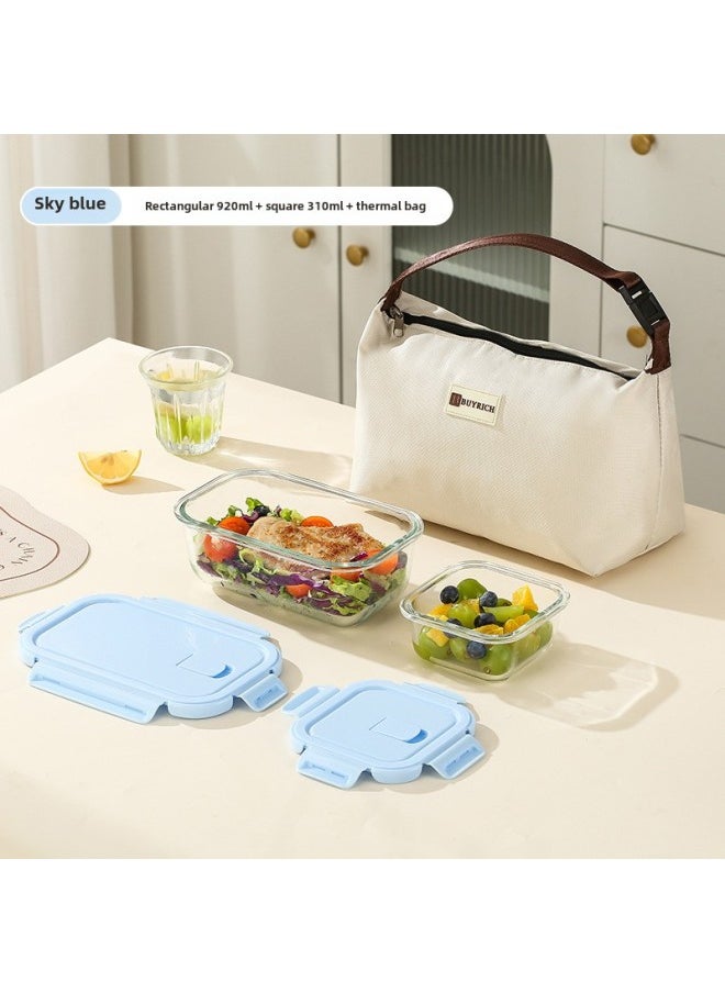 Generic - Long Glass Fresh-keeping Bowl Microwave Heatable Glass Bowl For Office Students With Meal Separated Lunch Box Lunch Box-Specifications:Rectangular Non-divided 900ml + Square 310ml + Thermal Bag - Sky Blue - Image 1