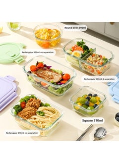 Generic Long Glass Fresh-keeping Bowl Microwave Heatable Glass Bowl For Office Students With Meal Separated Lunch Box Lunch Box-Specifications:Rectangular Non-divided 900ml + Square 310ml + Thermal Bag - Sky Blue  - Image 5