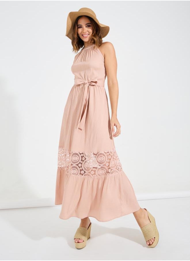 Styli Floral Lacer Cut Maxi Dress with Tie Belt  - Image 1