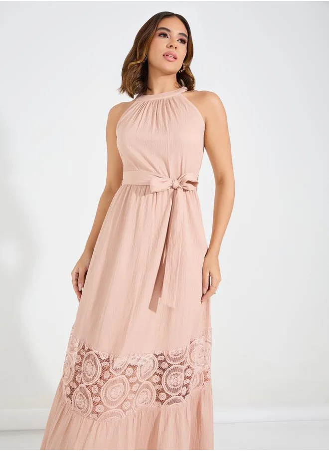 ستايلي Floral Lacer Cut Maxi Dress with Tie Belt