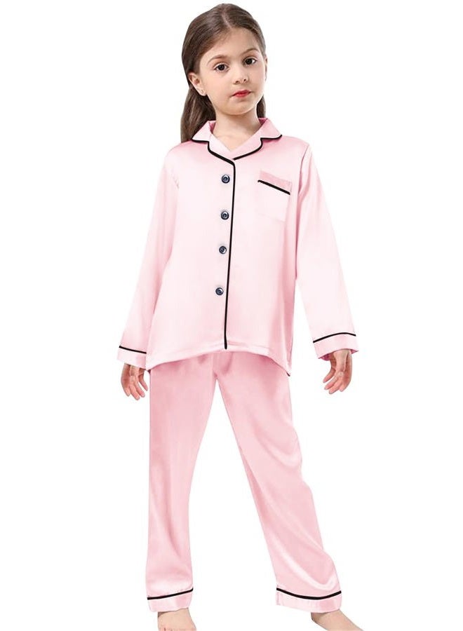 Schbbbta Girls Satin Pajamas, Soft Long Sleeve Button Up Silk Shirt Pants 2Pcs Loungewear Pjs for Kids, Bright Pink, 11-12 Years = Tag 160 - Image 2