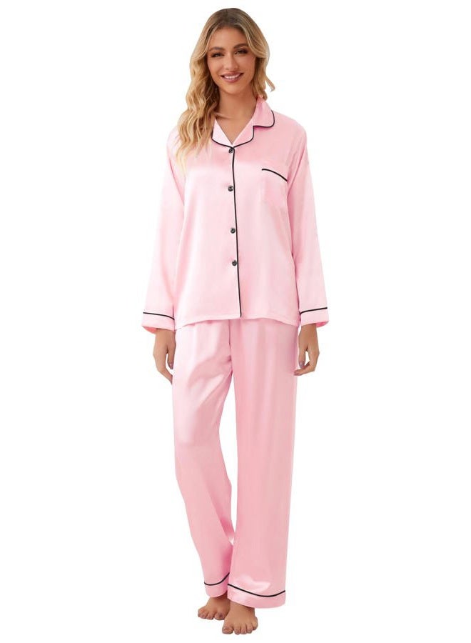 Schbbbta Girls Satin Pajamas, Soft Long Sleeve Button Up Silk Shirt Pants 2Pcs Loungewear Pjs for Kids, Bright Pink, 11-12 Years = Tag 160 - Image 4