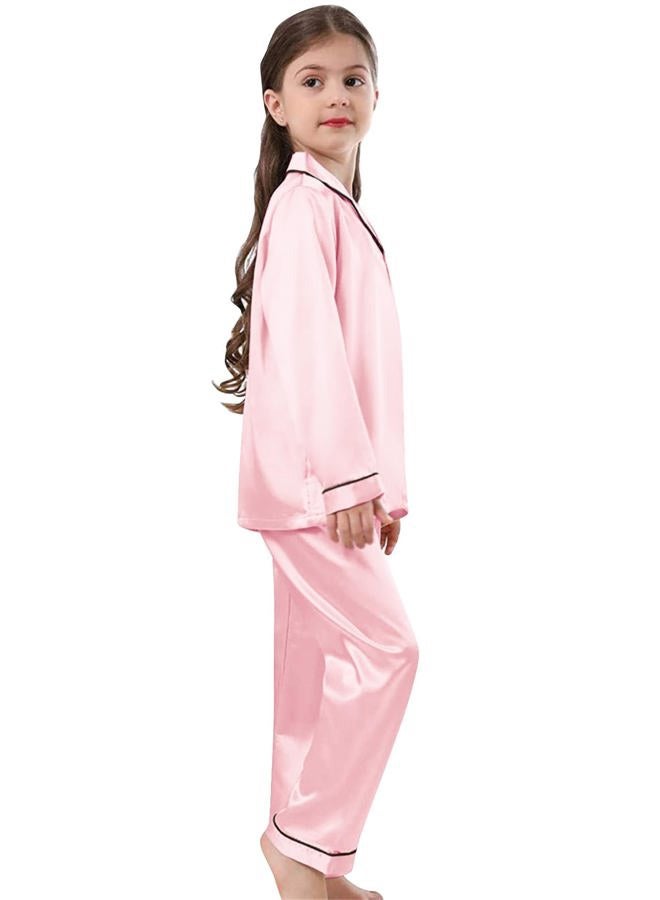 Schbbbta Girls Satin Pajamas, Soft Long Sleeve Button Up Silk Shirt Pants 2Pcs Loungewear Pjs for Kids, Bright Pink, 11-12 Years = Tag 160 - Image 3