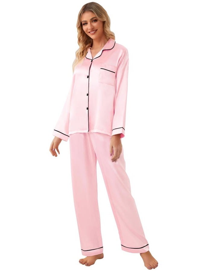 Schbbbta Girls Satin Pajamas, Soft Long Sleeve Button Up Silk Shirt Pants 2Pcs Loungewear Pjs for Kids, Bright Pink, 11-12 Years = Tag 160 - Image 5