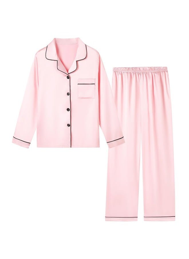 Schbbbta Girls Satin Pajamas, Soft Long Sleeve Button Up Silk Shirt Pants 2Pcs Loungewear Pjs for Kids, Bright Pink, 11-12 Years = Tag 160 - Image 1