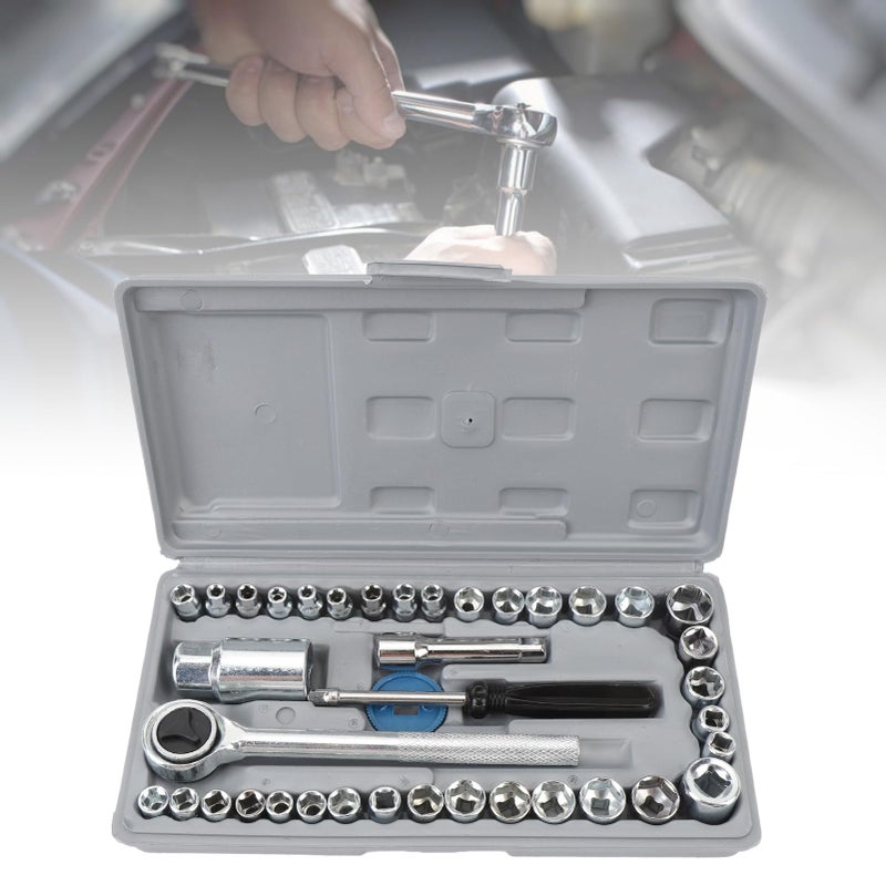 Akozon Universal Efficient Socket Wrench Set 40 Pieces Metric SAE 1/4 Inch 3/8 Inch Socket Set for Automotive Motorcycle Home Repair - Image 5