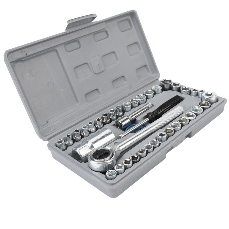 Akozon Universal Efficient Socket Wrench Set 40 Pieces Metric SAE 1/4 Inch 3/8 Inch Socket Set for Automotive Motorcycle Home Repair - Image 2