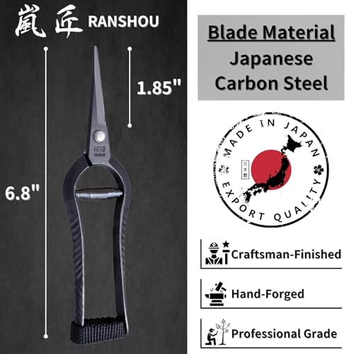 RANSHOU Bonsai Trimming Scissors 6.8" Made in JAPAN, Garden Plant Trimming Shears, Hand Forged Japanese Carbon Steel Blade, Spring Loaded Handle, Black - Image 2