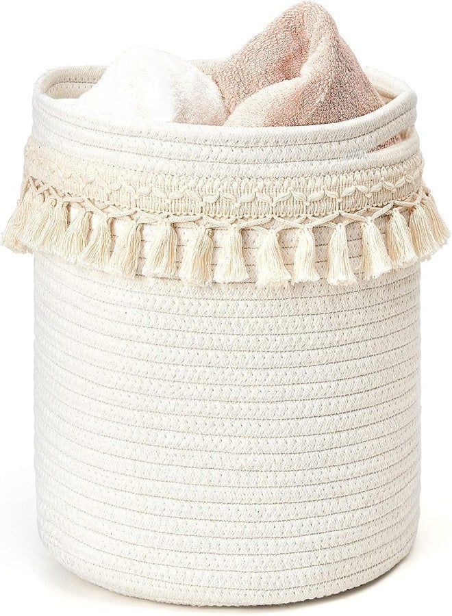 ALBY®Decorative Cotton Rope Basket Boho Nursery Decor Small Cute Woven Tassel Closet Storage Bins Organizer for Baby Toys,Magazines, Potted Plants Cover,Living Room,Bedroom (15''x14'' inch) - Image 1