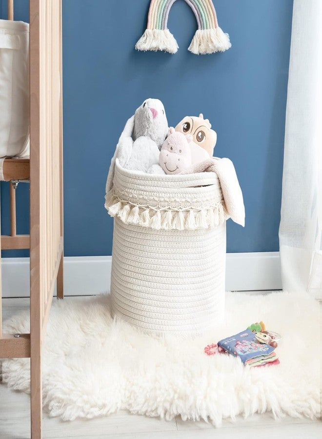 ALBY®Decorative Cotton Rope Basket Boho Nursery Decor Small Cute Woven Tassel Closet Storage Bins Organizer for Baby Toys,Magazines, Potted Plants Cover,Living Room,Bedroom (15''x14'' inch) - Image 2