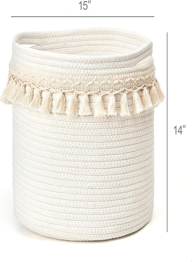 ALBY®Decorative Cotton Rope Basket Boho Nursery Decor Small Cute Woven Tassel Closet Storage Bins Organizer for Baby Toys,Magazines, Potted Plants Cover,Living Room,Bedroom (15''x14'' inch) - Image 5