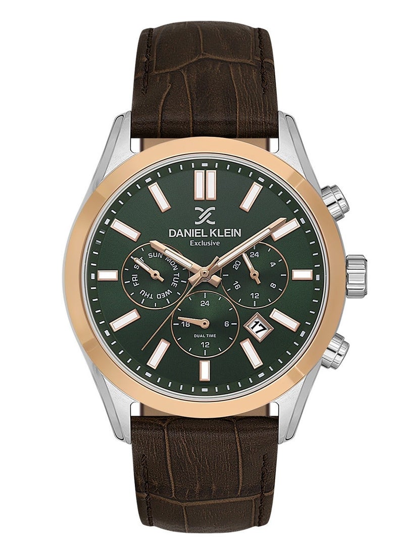 DANIEL KLEIN Men's Leather Silver and Rose Gold Alloy Case Analog Dark Green Round Sunray Dial Japanese Quartz Exclusive 50 Meters Water Resistant - Image 1
