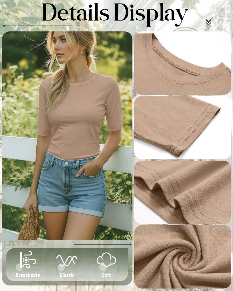 Riyiper 3 Pack Women's Half Sleeve Tops Crewneck 1/2 Sleeve T Shirts Elbow Length Tops Slim Fit Cotton Blend Basic Tees(Cream, Coffee, Khaki,Large) - Image 5