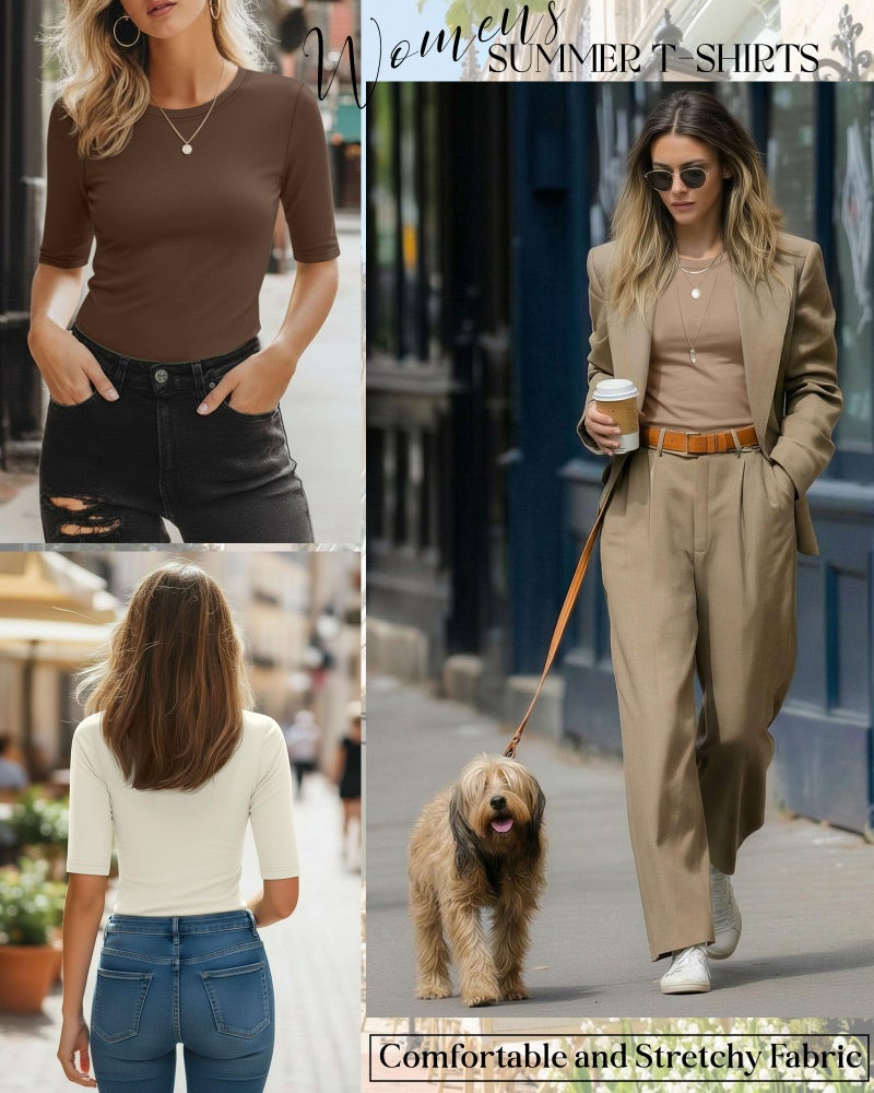 Riyiper 3 Pack Women's Half Sleeve Tops Crewneck 1/2 Sleeve T Shirts Elbow Length Tops Slim Fit Cotton Blend Basic Tees(Cream, Coffee, Khaki,Large) - Image 4