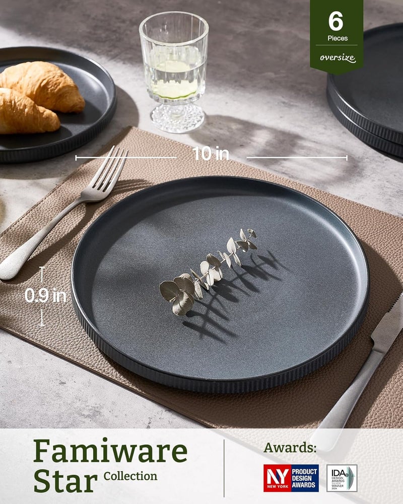 Famiware Star Set of 6 Dinner Plates, 25 CM Plate Set, Scratch Resistant, Stoneware Dinnerware, Kitchen Modern Rustic Serving Dishes - Matte Dark Charcoal - Image 3