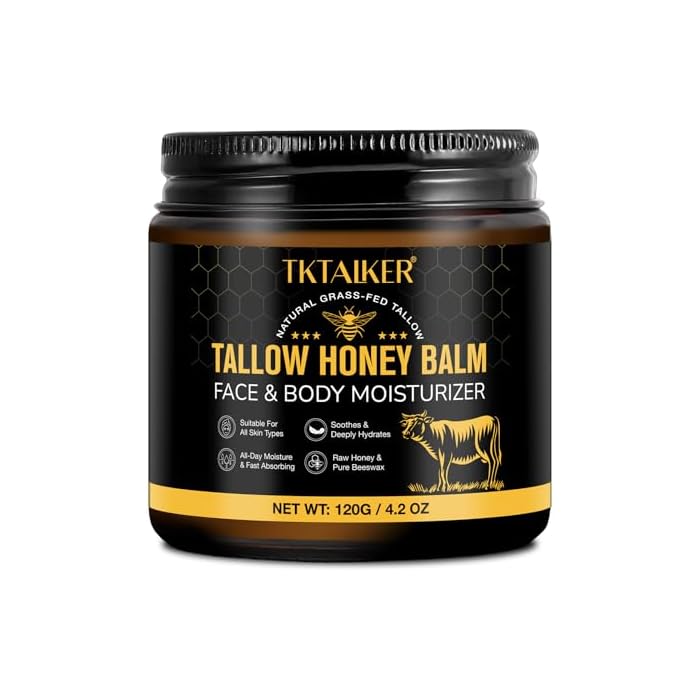 Beef Tallow for Skin, Beef Tallow for Face, Hydrating Tallow Balm with Raw Honey and Beeswax, Grass-Fed Beef Tallow & Raw Wild Honey Blend, Body & Face Moisturizer, Natural Formula, Light Scent