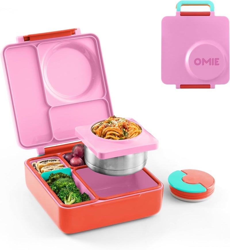 OmieBox Bento Box for Kids - Insulated Bento Lunch Box with Leak Proof Vacuum Insulated Food Jar - 3 Compartments, Two Temperature Zones (Pink Berry) - Image 1