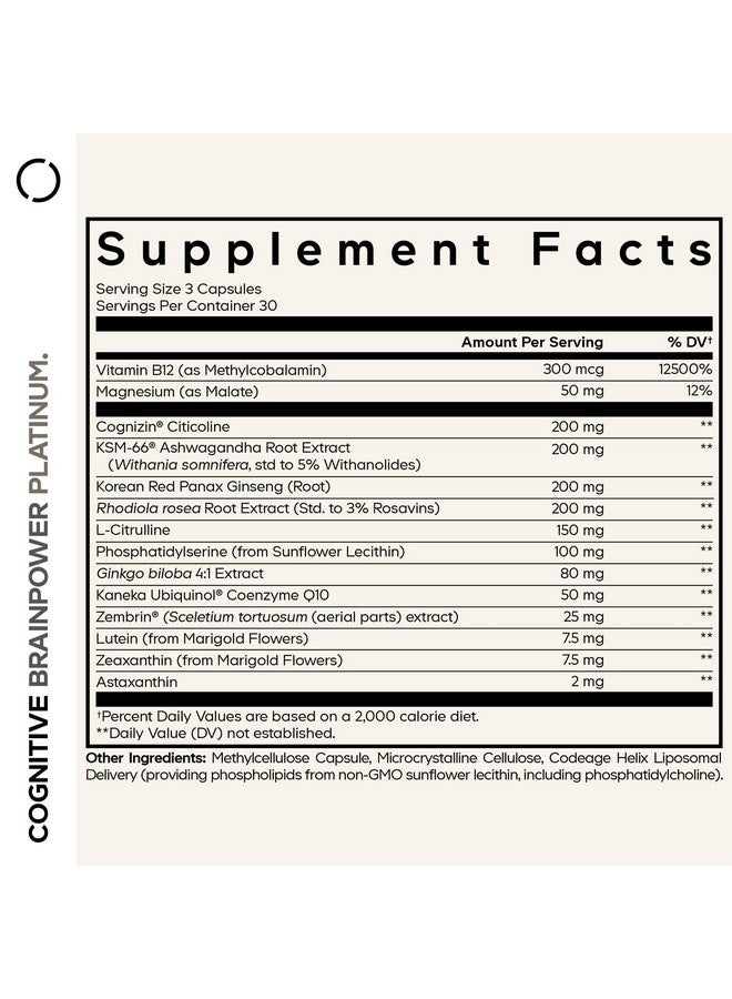Codeage Cognitive Brainpower Platinum Supplement - Cognizin Citicoline, KSM-66 Ashwagandha, Panax Ginseng, Rhodiola, Phosphatidylserine, Ginkgo, Ubiquinol CoQ10, Liposomal - Non-GMO - 90 Capsules - Image 2