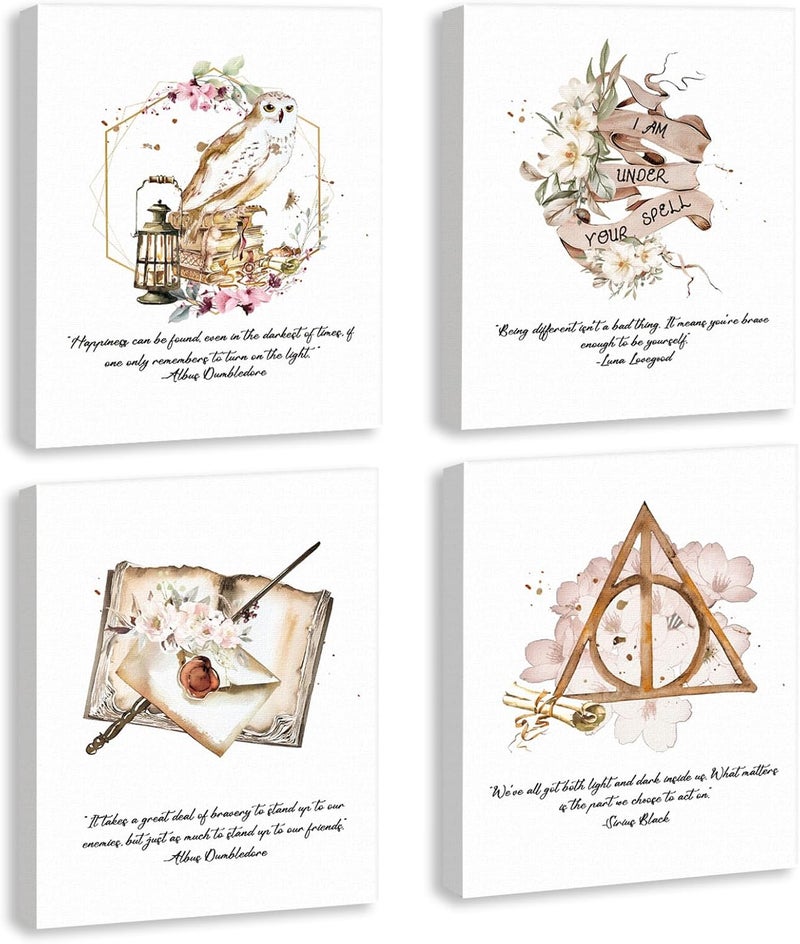 KAIRNE Inspirational Quotes Canvas Wall Art for Kids Bedroom Decor, Magical Poster Set Of 4 (8"X10", with Framed), Motivational Phrase Wall Art, Be Kind Art Prints Golden Magic Feather Pictures - Image 1