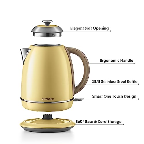 BUYDEEM K640 Stainless Steel Electric Tea Kettle with Auto Shut-Off and Boil Dry Protection, 1.7 Liter Cordless Hot Water Boiler with Swivel Base, 1440W, Mellow Yellow - Image 2
