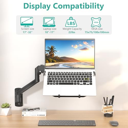 WALI Laptop Wall Mount Single Monitor Arm for 17 Notebook and Up to 32 Screen Full Motion Adjustable Monitor Wall Mount with Laptop Tray VESA 75x75100x100 Up to 15422 Lbs GSWM001LP Black - Image 3