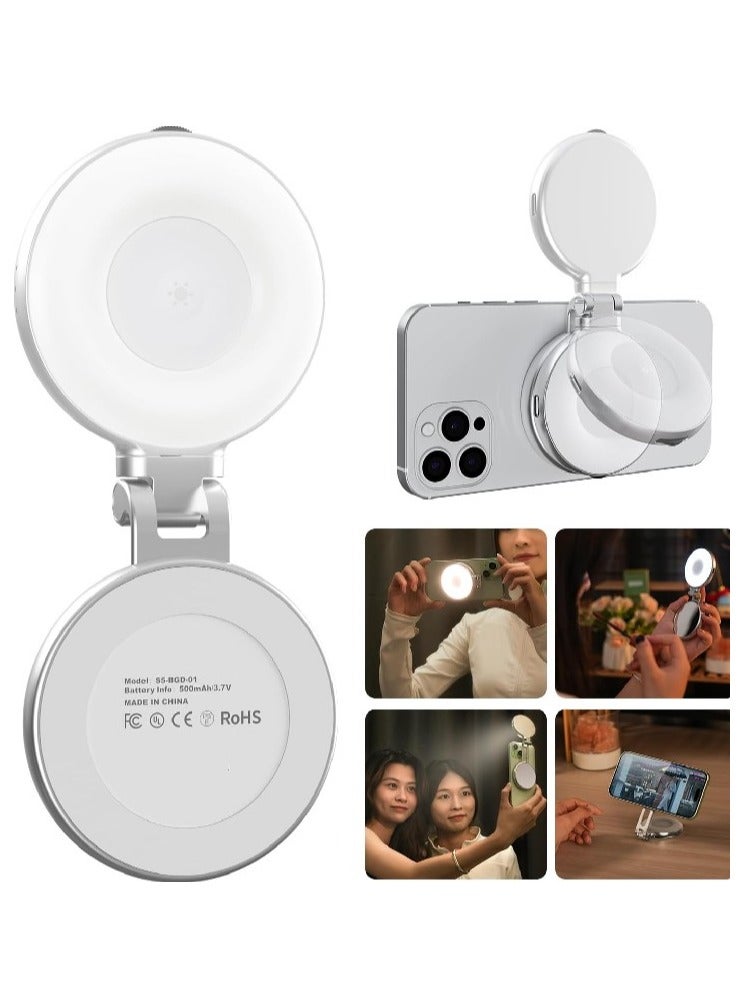 Magnetic Selfie Light with Mirror, 360° LED Fill Light for iPhone Magsafe & Non-Magsafe Phones, 3 Color, Height Adjustable - Image 1