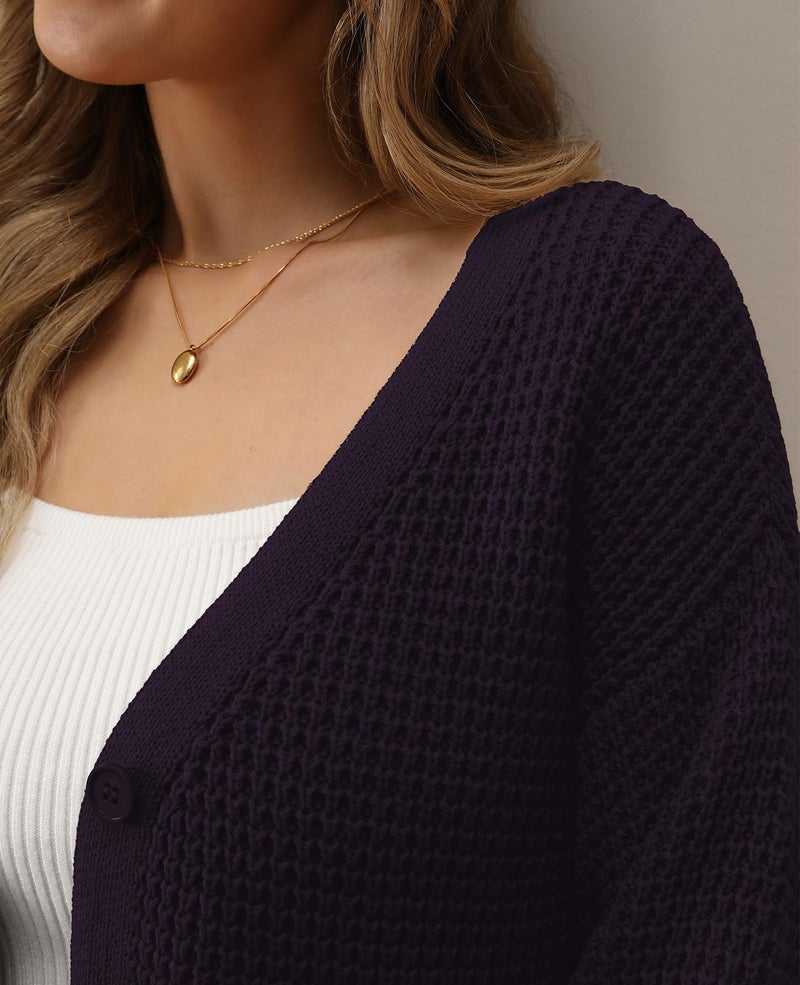 QUALFORT Women's Cardigan Sweaters for Women 100% Cotton Button-Down Long Sleeve Fall Sweaters for Women 2026 Dark Purple Large - Image 3