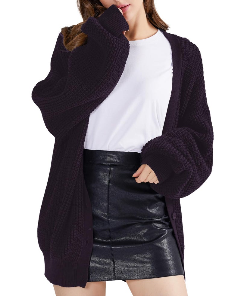 QUALFORT Women's Cardigan Sweaters for Women 100% Cotton Button-Down Long Sleeve Fall Sweaters for Women 2026 Dark Purple Large - Image 4