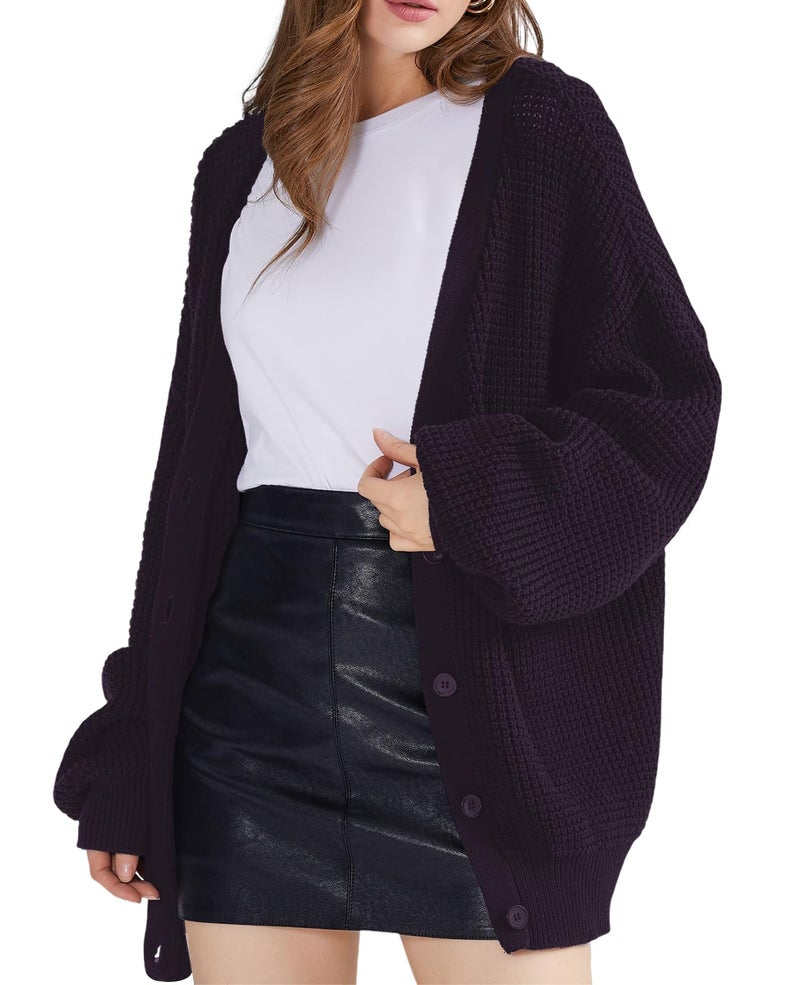 QUALFORT Women's Cardigan Sweaters for Women 100% Cotton Button-Down Long Sleeve Fall Sweaters for Women 2026 Dark Purple Large - Image 1