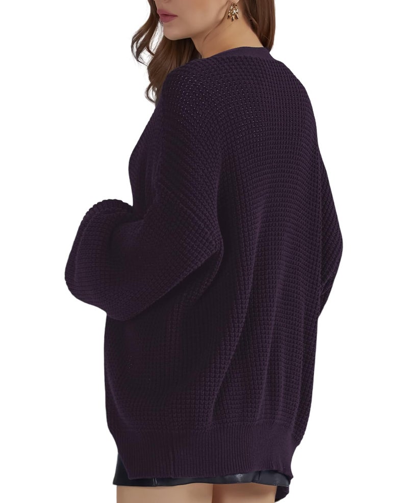 QUALFORT Women's Cardigan Sweaters for Women 100% Cotton Button-Down Long Sleeve Fall Sweaters for Women 2026 Dark Purple Large - Image 2