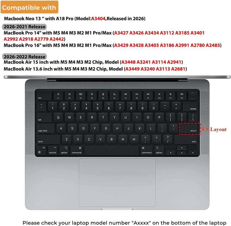 غطاء لوحة المفاتيح متوافق مع MacBook Neo 13 بوصة 2026، وMacBook Air M5 M4 M3 M2 13.6/15 بوصة 2026-2021، وPro 14/16 M5 M4 M3 M2 M1 Pro/Max، ملحقات الكمبيوتر المحمول غطاء واقٍ للوحة المفاتيح (تخطيط الولايات المتحدة) - TPU ملون - Image 3