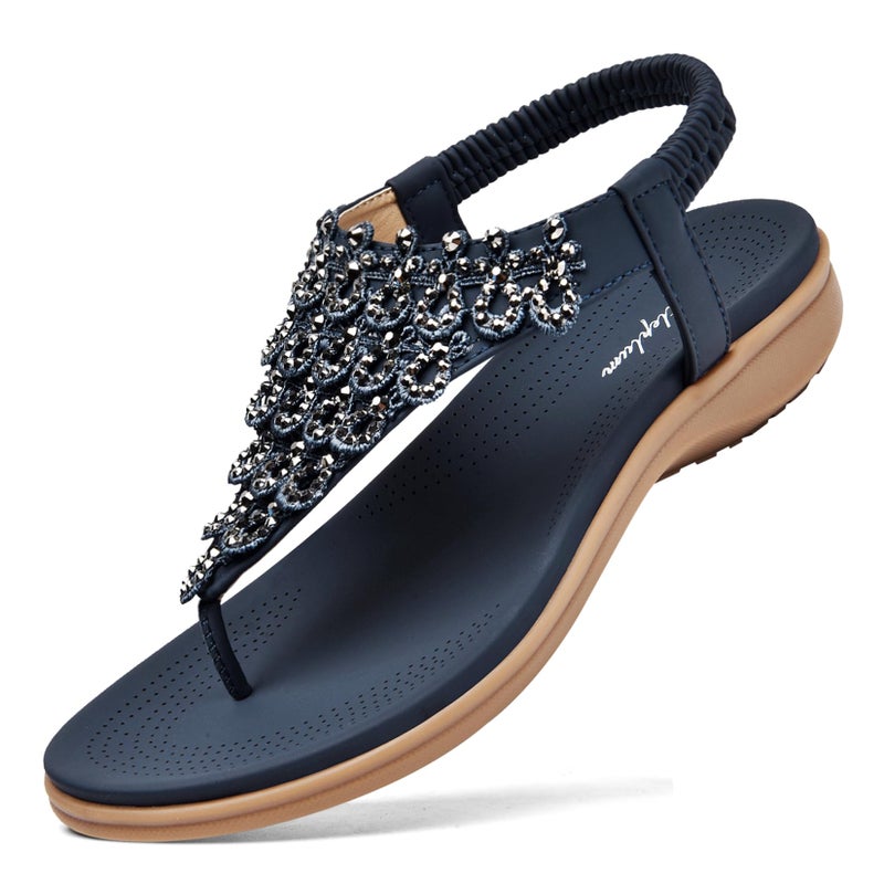 Littleplum Womens Sandals Arch Support Slingback Rhinestone Dressy Sandals Comfort Summer Shoes Ankle Strap Elastic Flats for Beach Walking Chic Blue Size 8.5 - Image 1