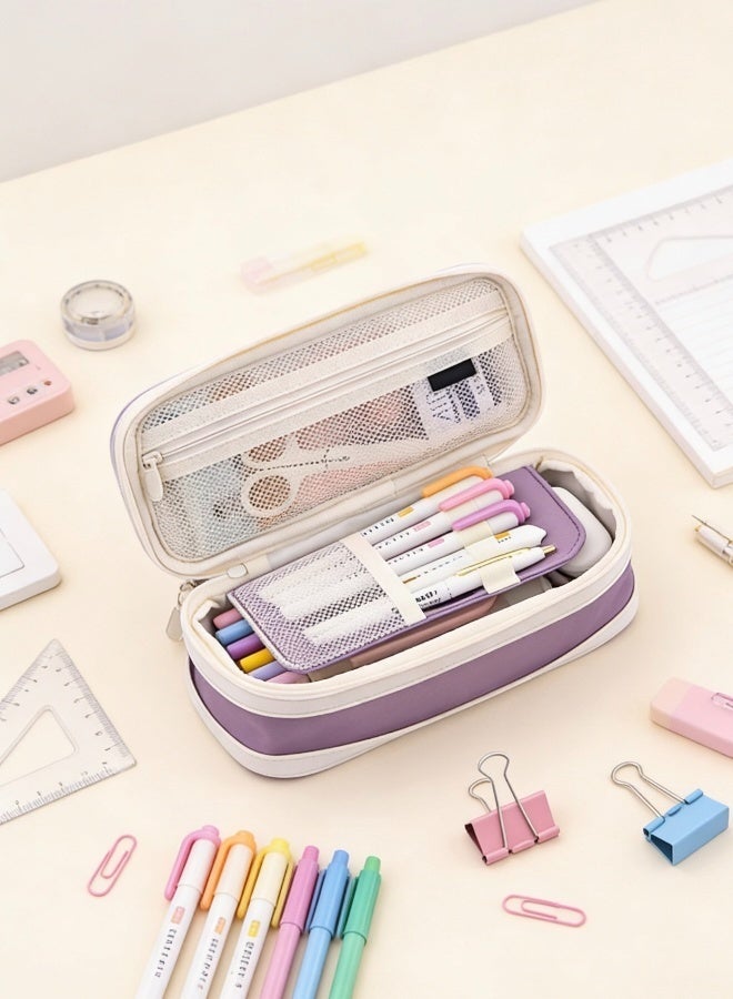 SPECIAL Purple Large Capacity Expandable Canvas Pencil Case with Multi Compartment Organizer with Smooth Zippers Washable Lightweight Bag for Students Office and Travel Use - Image 4