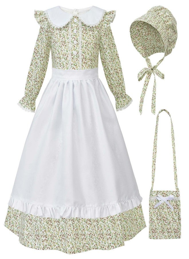 JerrisApparel Girls Pioneer Costume Floral Colonial Prairie Dress With Bonnet Pretend Play Outfit (Green, 12-13 Years/160cm) - Image 1