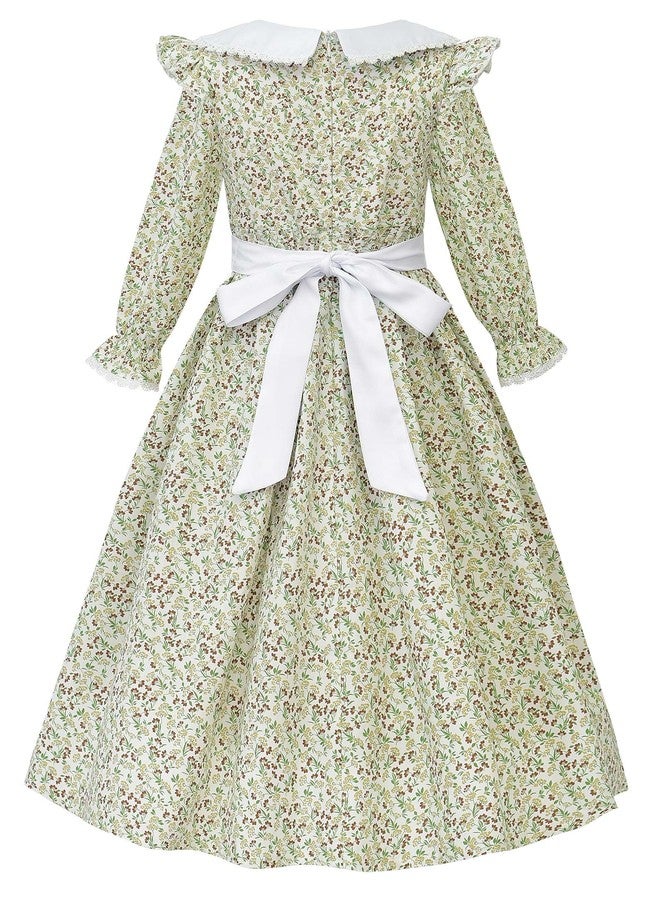 JerrisApparel Girls Pioneer Costume Floral Colonial Prairie Dress With Bonnet Pretend Play Outfit (Green, 12-13 Years/160cm) - Image 2