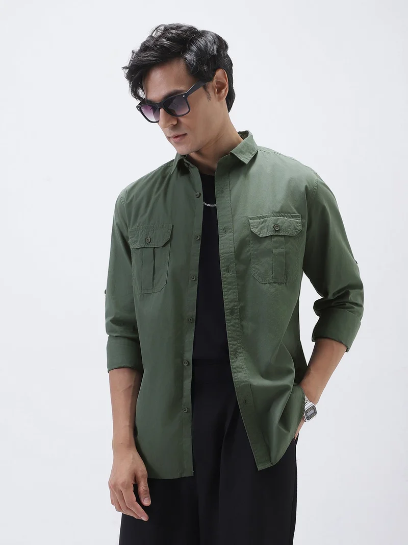 Urbano Fashion  Urbano Fashion Men's Sage Green Cotton Full Sleeve Regular Fit Casual Solid Shirt  | Best Price UAE