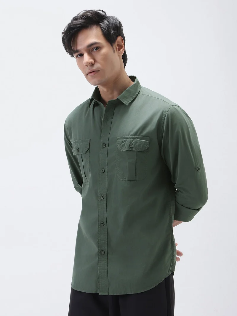 Urbano Fashion Men's Sage Green Cotton Full Sleeve Regular Fit Casual Solid Shirt