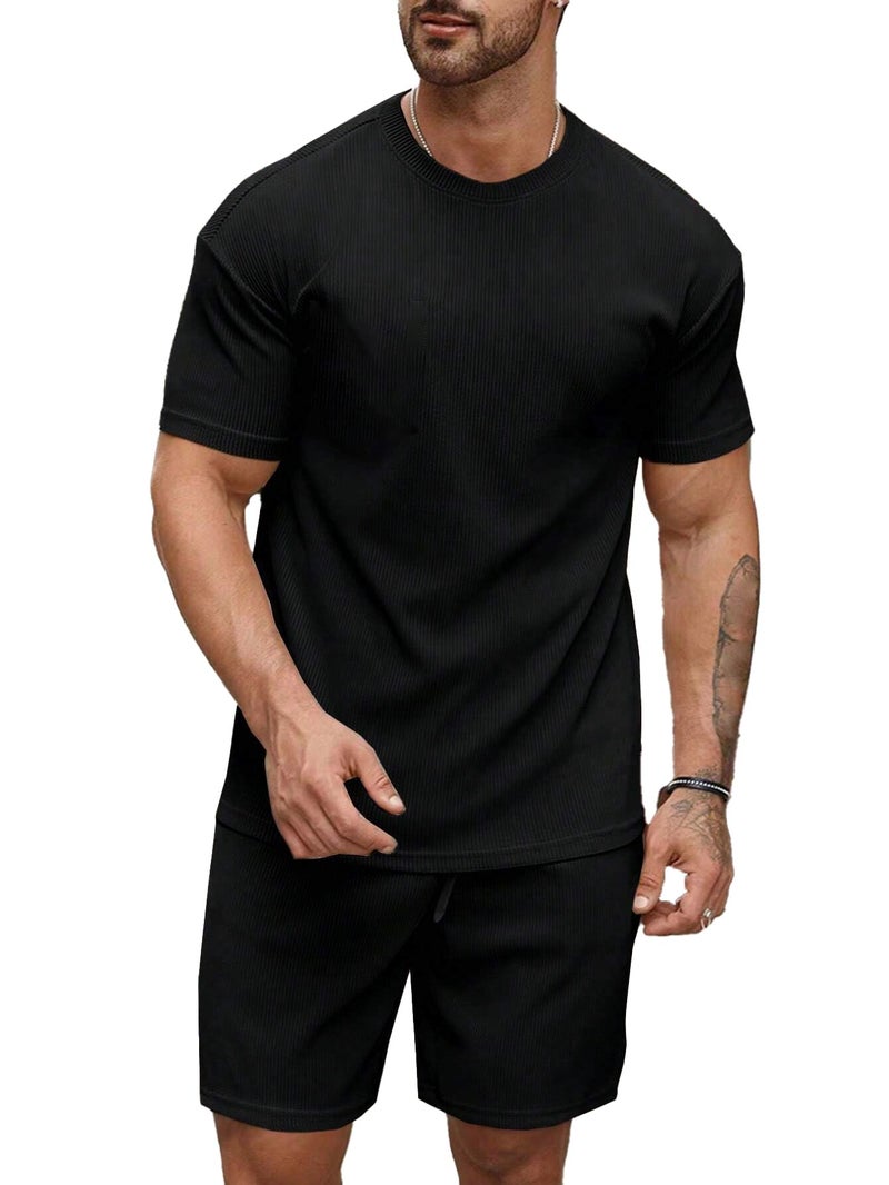 SMOWKLY Men's Premium Hosiery Cotton Blend Pyjama Set || Stylish Round Neck T-Shirt and Shorts || Casual Night Suit Wear Set for Man (1162_MTNS_BK_S) - Image 1