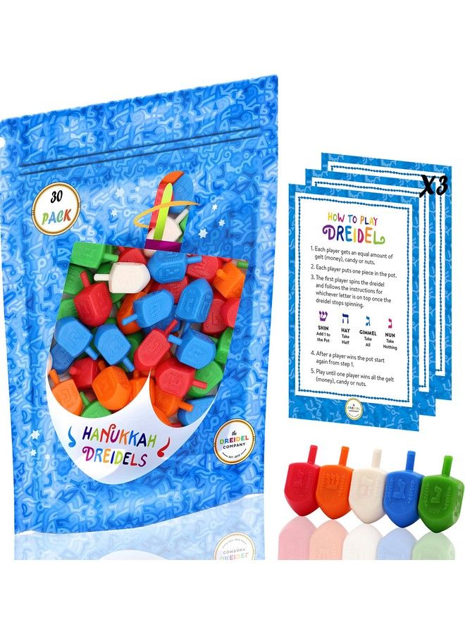 The Dreidel Company Hanukkah Dreidels 30 Bulk Pack Multicolor Plastic Chanukah Draydels With English Transliteration In Reusable Ziplock Bag Includes Dreidel Game Instruction Card  - Image 1
