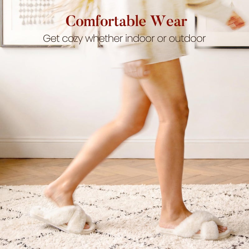 Ankis Womens White Fuzzy Slippers Memory Foam Cross Band Cozy House Slippers Plush Home Bedroom Fluffy Furry Open Toe Cute Soft Ladies Indoor Outdoor Soft Slipper Slides Wedding Bride Shoes Gifts - Image 5