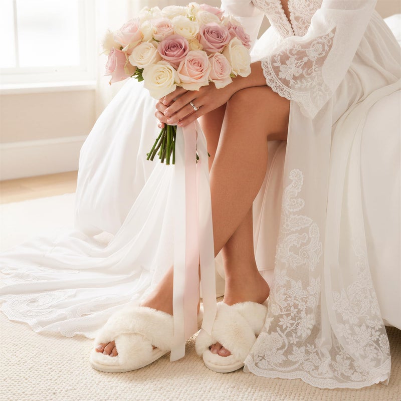 Ankis Womens White Fuzzy Slippers Memory Foam Cross Band Cozy House Slippers Plush Home Bedroom Fluffy Furry Open Toe Cute Soft Ladies Indoor Outdoor Soft Slipper Slides Wedding Bride Shoes Gifts - Image 2