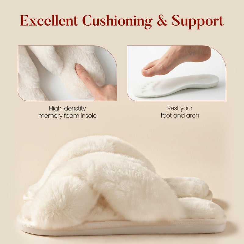 Ankis Womens White Fuzzy Slippers Memory Foam Cross Band Cozy House Slippers Plush Home Bedroom Fluffy Furry Open Toe Cute Soft Ladies Indoor Outdoor Soft Slipper Slides Wedding Bride Shoes Gifts - Image 4
